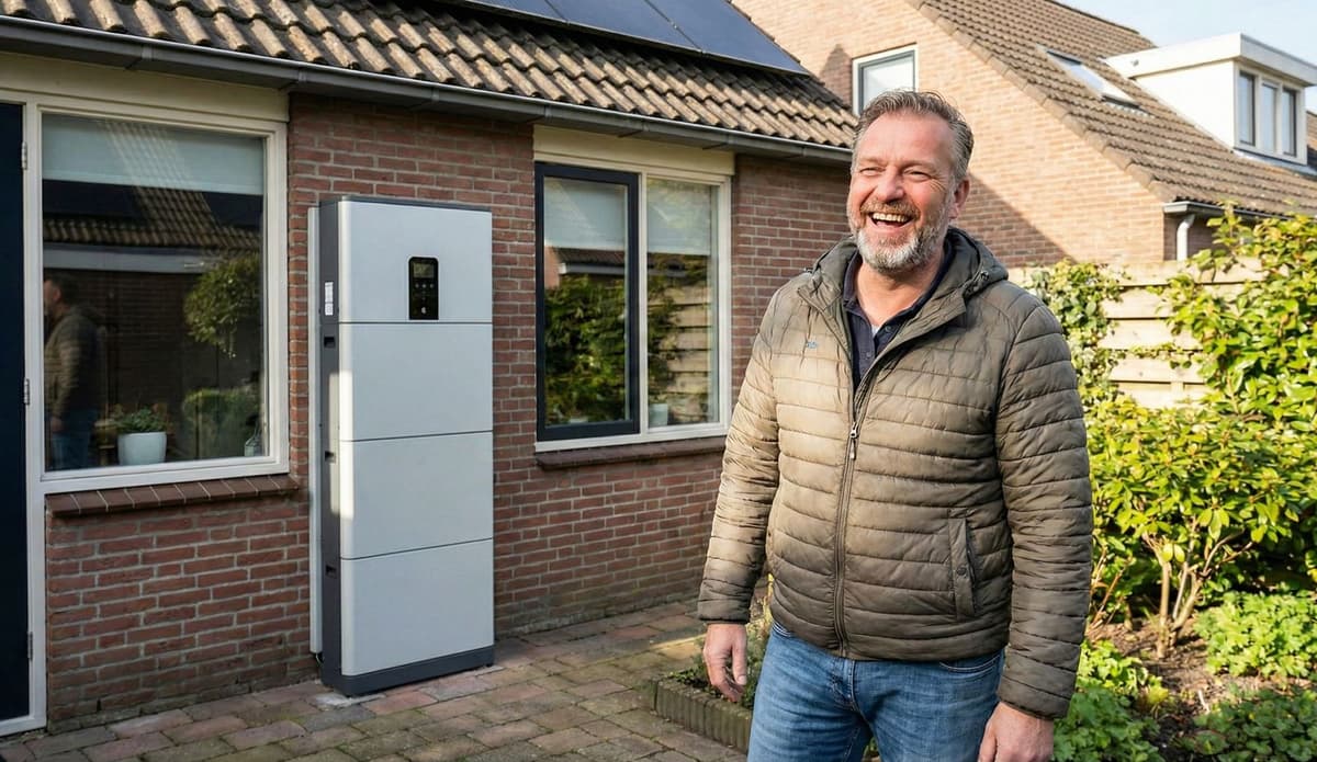Tevreden huiseigenaar met thuisbatterij installatie